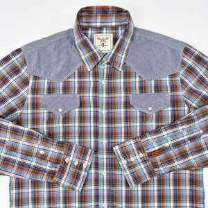 7 For All Mankind Western Shirt Mens Size Large Plaid Denim Chest Pockets Cowboy